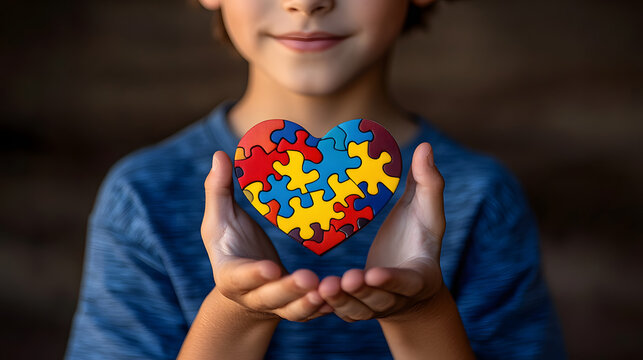 The hands of a young boy holding a puzzle heart is the concept of mental health in children, world autism awareness day, as well as the concept of autism spectrum disorder in teens