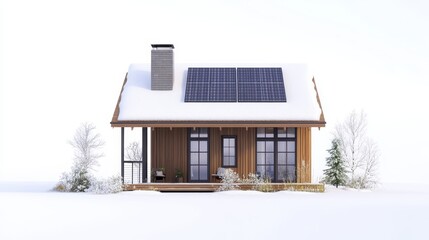 A compact, eco-friendly house with natural wood siding, solar panels on the roof, and a chimney. The front is landscaped with native plants, and snow dusts the ground and roof.