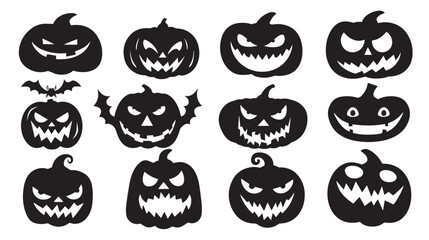 Obraz premium Black silhouettes of Halloween pumpkin faces isolated, black silhouettes isolated on white background