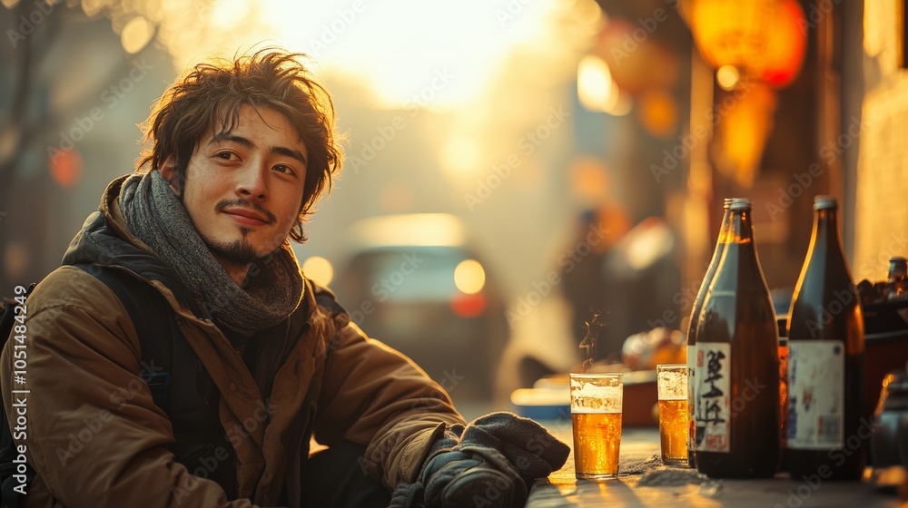 Poster man with a beard and a scarf is sitting at a table with two bottles of beer and two glasses. a young