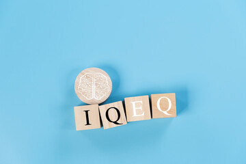 Wooden block cube flipping EQ to IQ. Wood cube minimal IQ. business work concept design.