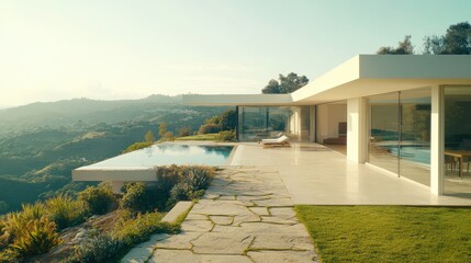 Fototapeta premium A modern villa features a terraced design, expansive sliding glass doors, and a rooftop pool. The home offers views of a valley and is surrounded by a well-kept garden and stone pathways.