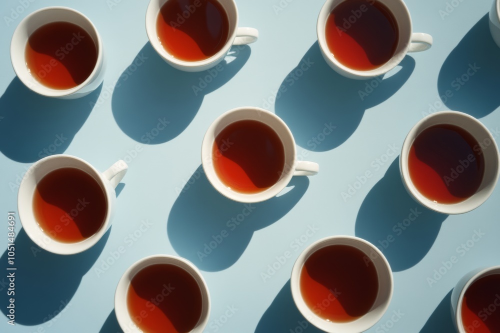 Poster row of white bowls filled with red liquid. bowls are arranged in a pattern. multiple white teacups f
