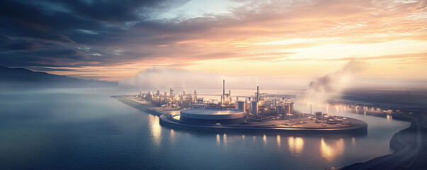 Naklejka premium coastal oil refinery at dawn, surrounded by mist rising from calm water, creates serene yet industrial atmosphere. soft light reflects on water, enhancing tranquil scene