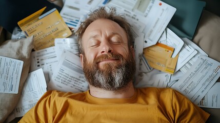 Finding serenity amidst the chaos of paperwork a relaxed man enjoys a moment of peace surrounded by bills and documents