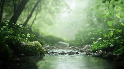 Fototapeta premium A softly blurred forest stream offers a tranquil backdrop with an inviting feel, featuring ample copy space for personalization.