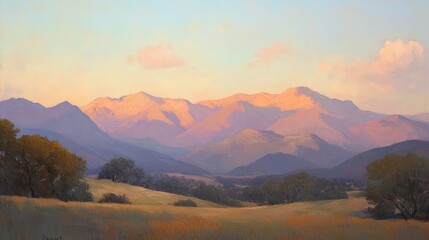 Obraz premium Sunlight bathes mountains in golden light at dawn, with the sky softly transitioning to pastel hues. A serene and inspiring morning scene.