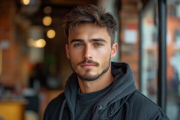 Fototapeta premium Man with a shaved head and a beard is standing in front of a wall. He has a serious expression on his face. Stylish Man with Taper Fade Haircut Showcasing Grooming Expertise