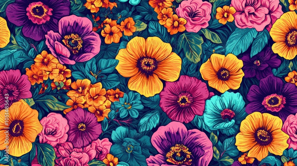 Poster vivid retro flowers captured in hexagonal shapes, creating a pattern that flows rhythmically with vi