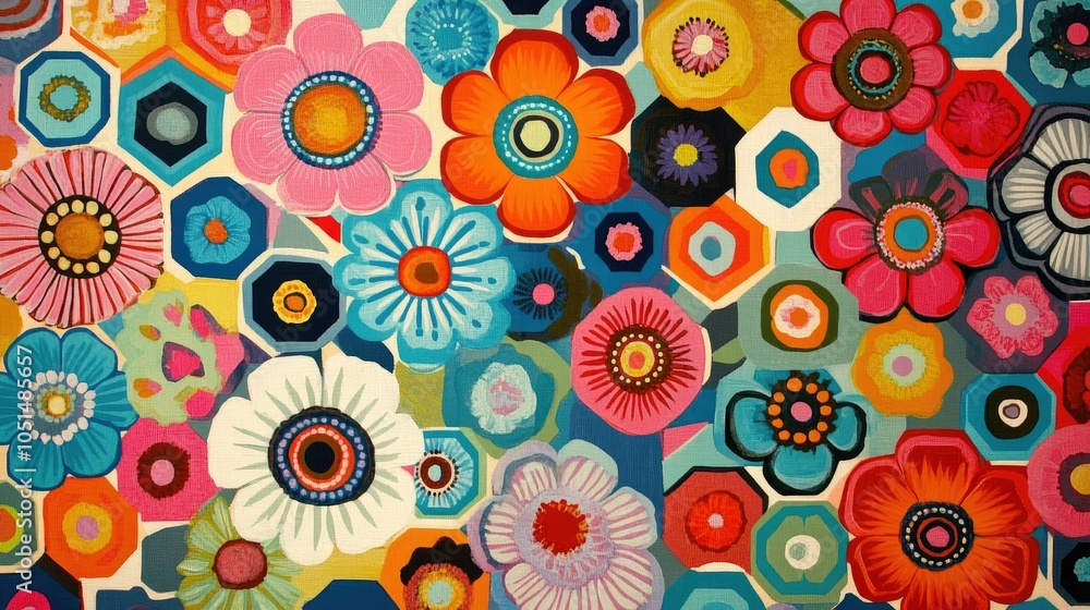 Poster vivid retro flowers captured in hexagonal shapes, creating a pattern that flows rhythmically with vi