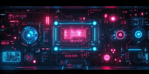 Obraz premium Radiant Geometric Abstraction with Glowing Neon Hues and Symmetrical Digital Patterns in Vivid Background new beautiful stock image illustration AI