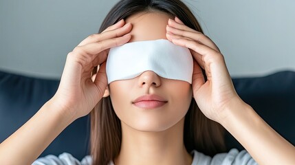 Asian Woman Applying Cold Compress to Her Eyes