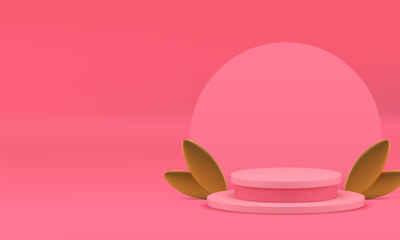 Pink 3d luxury podium pedestal mockup for cosmetic product show realistic vector illustration. Pastel elegant feminine cylinder stand with golden leaves and semi circle wall background presentation