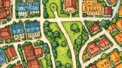 Obraz premium Colorful Urban Street Grid Overhead View