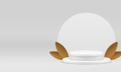 3d white cylinder podium with golden leaves for product show realistic vector illustration. Light elegant luxury pedestal with semi circle wall background mockup for presentation advertising