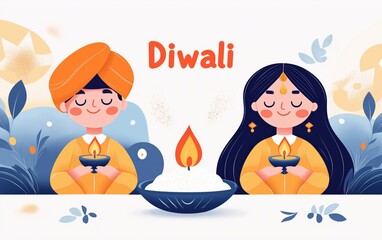 Fototapeta premium Joyful diwali celebration with traditional attire and lanterns