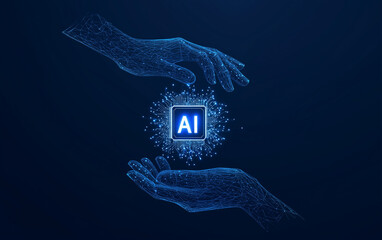 Digital AI Technology Concept. A digital illustration featuring wireframe hands surrounding an AI chip, symbolizing AI and human interaction. Generative AI