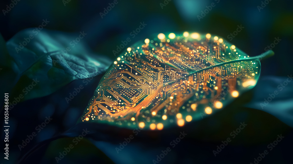 Poster this image showcases a leaf with a glowing circuit board pattern, symbolizing a fusion of nature and