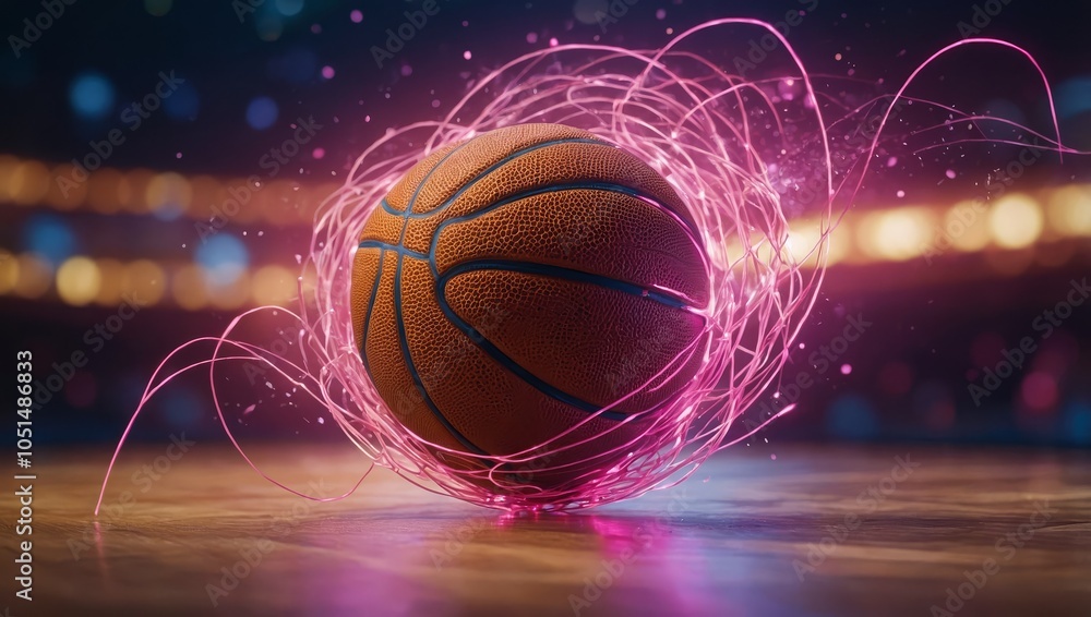 Poster wireframe basketball player dribbling a ball with glowing lines and pink particles in the background
