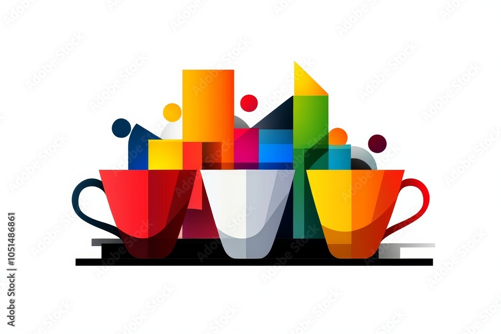 Poster three colorful cups are displayed on a table. the cups are arranged in a way that they look like the