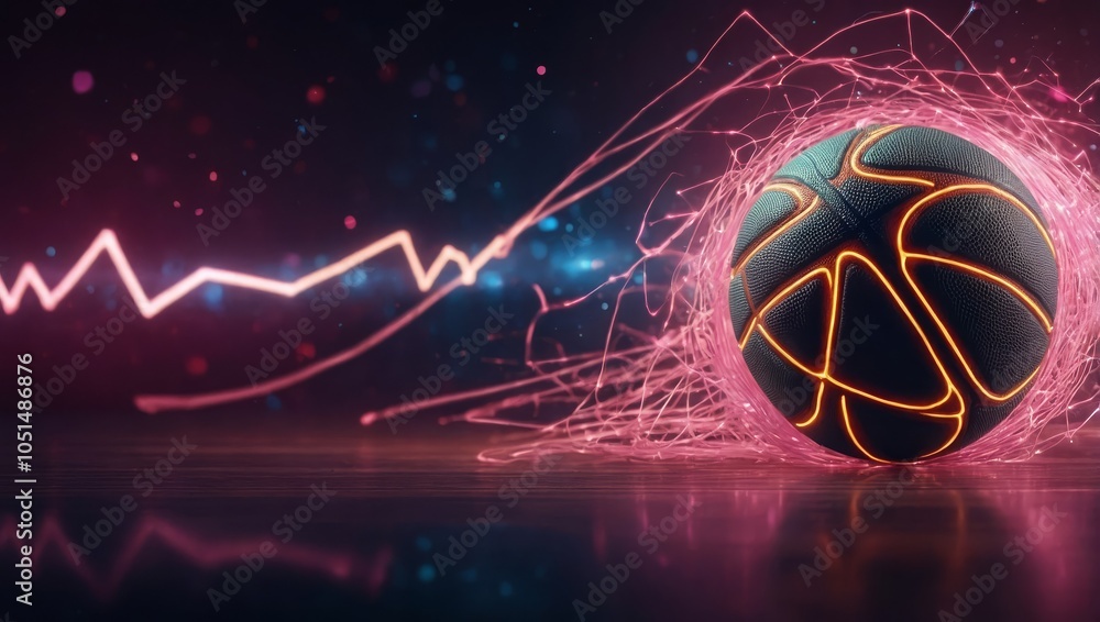 Poster wireframe basketball player dribbling a ball with glowing lines and pink particles in the background