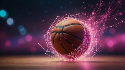 Wireframe basketball player dribbling a ball with glowing lines and pink particles in the background