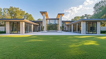 Fototapeta premium A large, U-shaped house featuring a central courtyard visible from the outside, with glass walls on both sides creating an open feel. The home is surrounded by a mix of grass and stone landscaping.