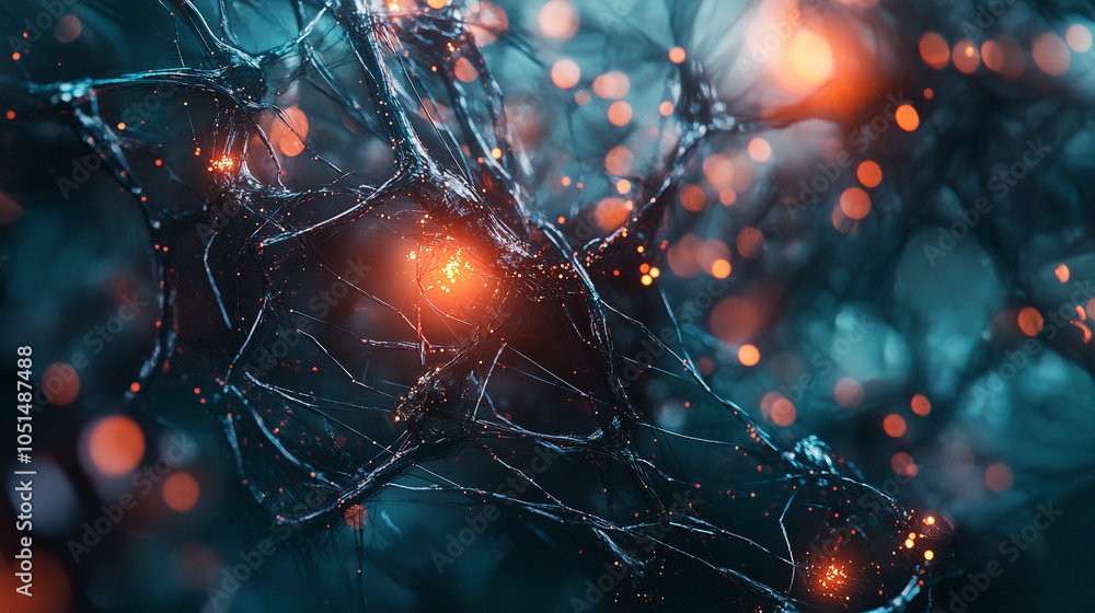 Poster exploring intricate neuron connections with glowing synapses in a dark background