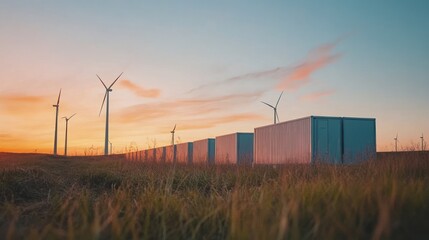 A community-based energy storage solution with large battery banks that store power generated from local wind turbines, ensuring steady energy supply even on calm days
