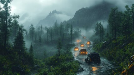 Fototapeta premium Rainy mountain road with off-road vehicles navigating through fog.