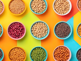 Fototapeta premium Colorful Bowls of Pulses and Legumes on Vibrant Background