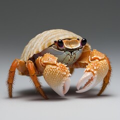 A small crab with orange claws and a white shell stands on a gray background.