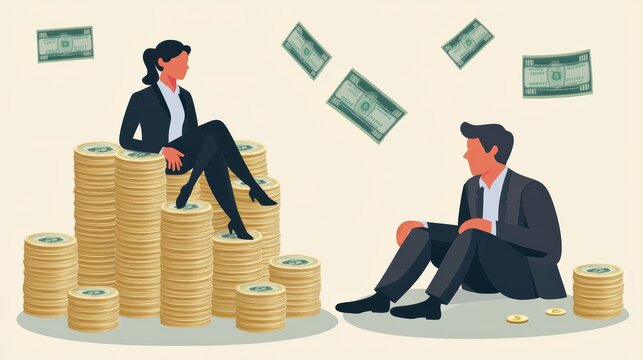 Wealth Gap   Businesswoman Sitting on a Stack of Cash While Businessman Sits on Coins