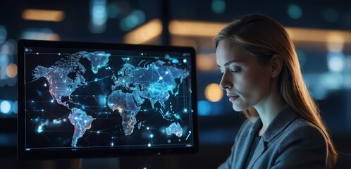 Woman, tablet and hologram at night in web design with dashboard, interface or hud display at the office. Female person, employee or developer working late on futuristic technology or code overlay