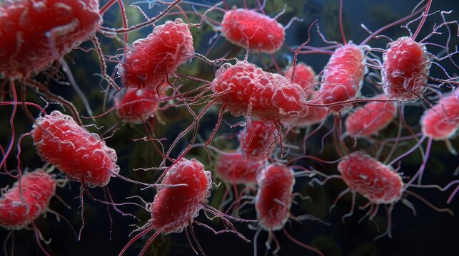 A close-up of a colony of Serratia marcescens bacteria, a type of bacteria known for its red pigmentation, under a microscope. Speculative Medical illustrative image