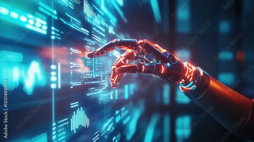 Poster robot hand interacting with digital interface