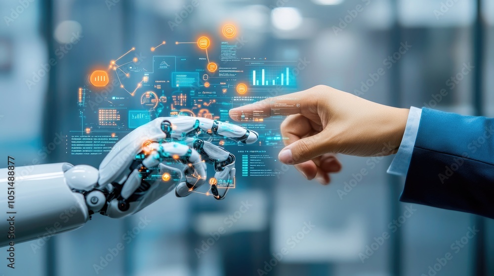 Poster human and robot interaction in futuristic setting