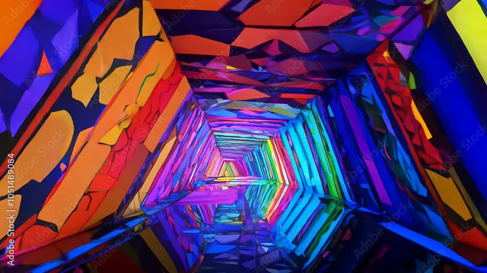 Poster vibrant triangular tunnel video with colorful geometric patterns
