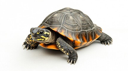 Obraz premium A small turtle with a black, brown and orange shell, with yellow markings on its head and legs, is walking forward on a white background.