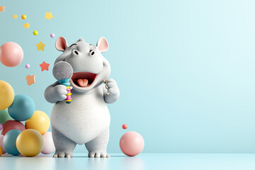 Fototapeta premium Playful snarky baby hippo delights with a microphone at a rock concert spreading joy in a colorful atmosphere