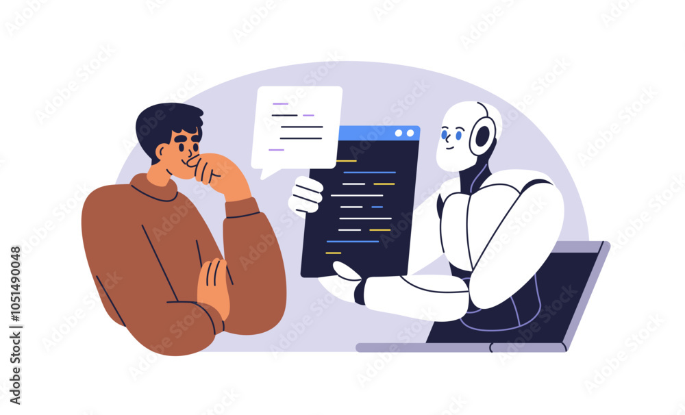 Aufkleber AI technology, virtual assistant helping. Automated support and problem-solving. Digital online chatbot, robot and human communication concept. Flat vector illustration isolated on white background