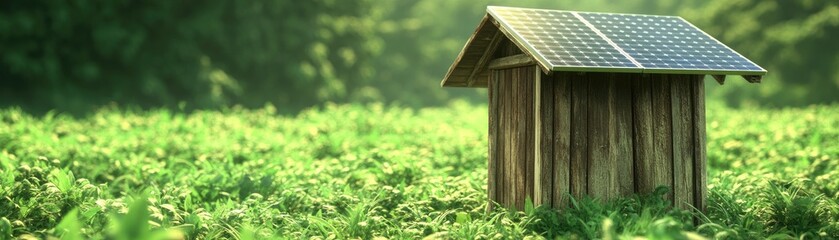 Naklejka premium Compact Eco Cabin with Solar Roof in Green Landscape