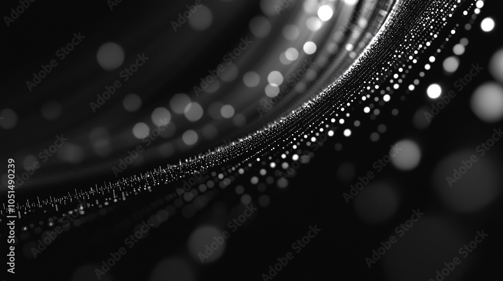 Poster abstract black and white pattern of flowing light dots creating a visual wave effect