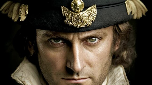 A close-up portrait of a man wearing a black hat with gold embellishments, looking directly at the camera