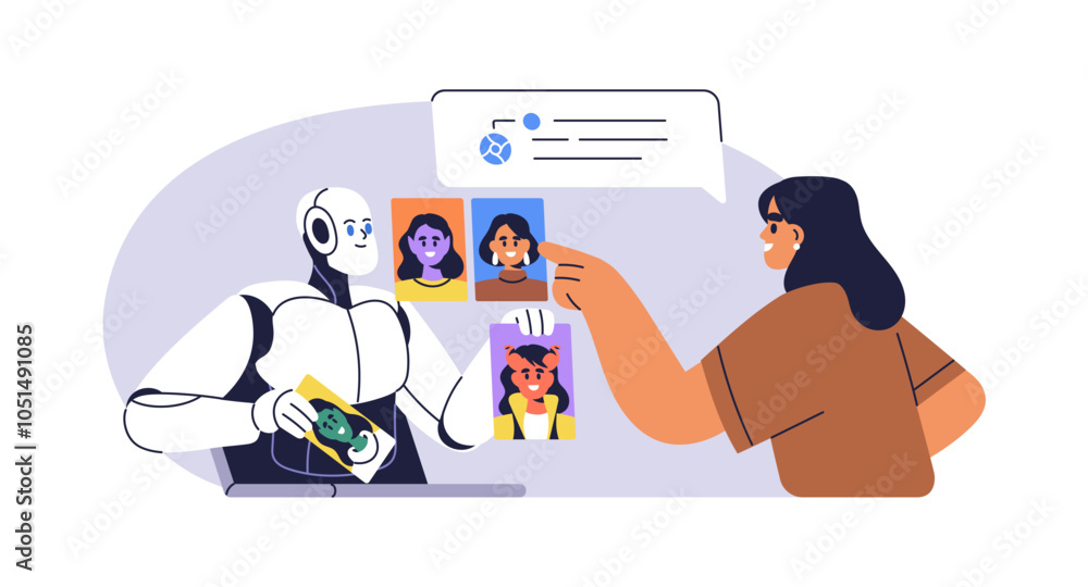 Poster AI image generation technology creating digital visual art and pictures. Using generative software tool, creative artificial intelligence. Flat vector illustration isolated on white background