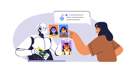 AI image generation technology creating digital visual art and pictures. Using generative software tool, creative artificial intelligence. Flat vector illustration isolated on white background