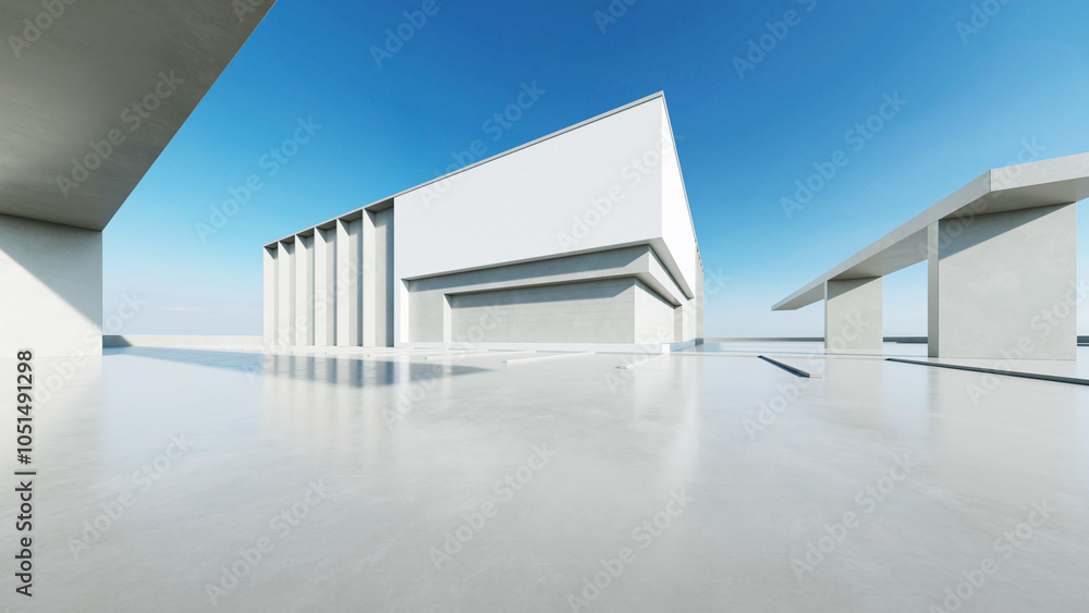 Aufkleber 3d render of abstract modern concrete white architecture with empty cement floor, minimal exterior, 