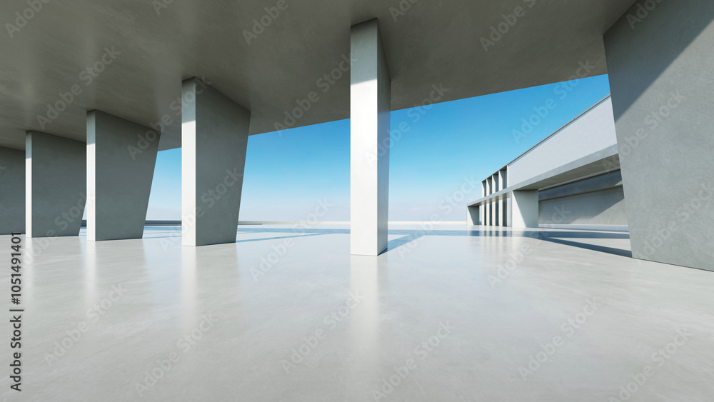 Aufkleber 3d render of abstract modern concrete white architecture with empty cement floor, minimal exterior, car presentation background