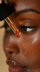 A woman applies niacinamide serum to her skin, focusing on hydration and smoothing effects while enhancing her daily skincare routine in the morning