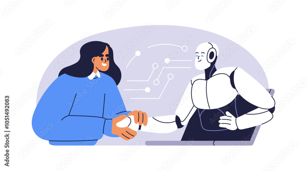 Poster ai and human handshake. cooperation and partnership concept. artificial intelligence and person shak